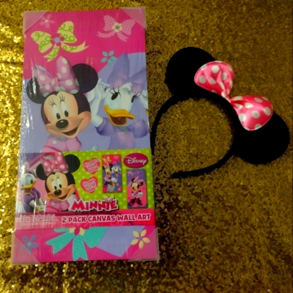 🆕 - Disney Bundle / 2 Pack Canvas Wall Art and Minnie Mouse Ears Headband